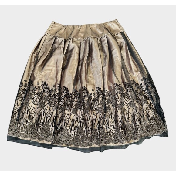 Womens Coldwater Creek Satin Pleated Skirt GoldBlack Embroidered Floral Mesh 16 - Picture 2 of 6